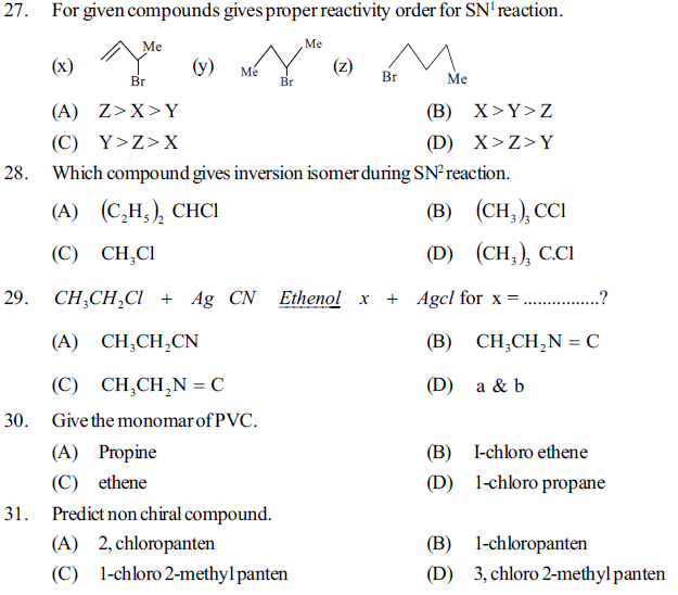 NEET UG Chemistry Organic Compounds Containing Halogens MCQs, Multiple Choice Questions